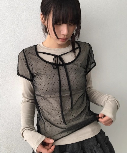 SHEPP(シープ)の「ドットチュールレイヤードTシャツ / シアー(Tシャツ/カットソー・レディース・ホワイト/パープル/ブラウン/ブラック・F)」の16枚目の写真