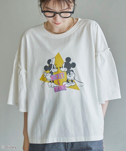coen（コーエン）の「【MICKEY（ミッキー） / 別注】ミッキー＆ミニー袖フレアTシャツ（Tシャツ/カットソー・レディース・ダークグレー/オフホワイト/クリーム・M/L）」の2枚目の写真