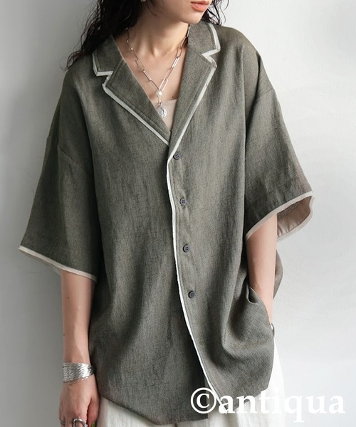 antiqua(アンティカ)の「パイピングデザインシャツ(シャツ/ブラウス・レディース・カーキブラウン/ブラック・R/P)」の2枚目の写真