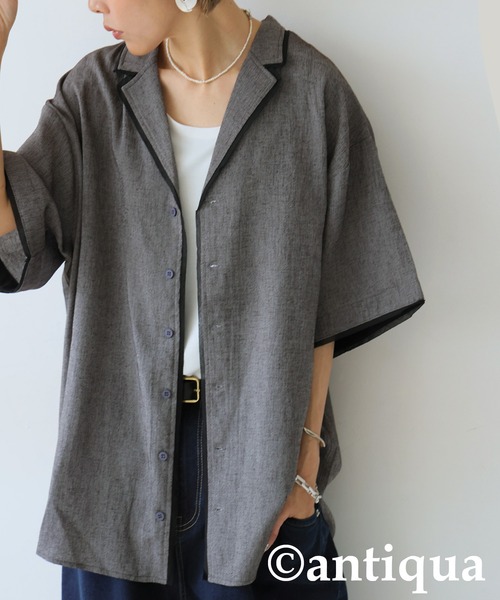 antiqua(アンティカ)の「パイピングデザインシャツ(シャツ/ブラウス・レディース・カーキブラウン/ブラック・R/P)」の6枚目の写真