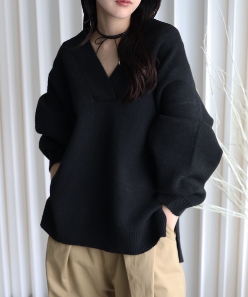 YENNA（イェンナ）の「【ふんわりもっちりボリュームニット】/ディープVネックニット / オーバー サイズニット（ニット/セーター・レディース・アイボリー/チャコールグレー/ブラウン/ベージュ/ブラック/ホワイト・FREE）」の3枚目の写真