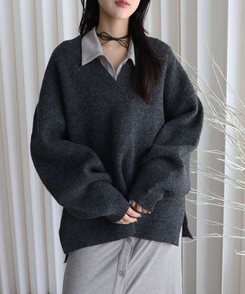 セール】【もっちりボリュームニット】/ディープVネックニットプル