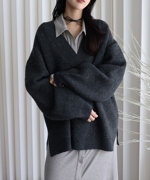 セール】【もっちりボリュームニット】/ディープVネックニットプル