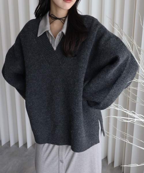 セール】【もっちりボリュームニット】/ディープVネックニットプル