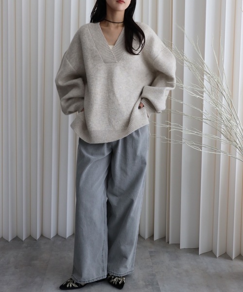 セール】【もっちりボリュームニット】/ディープVネックニットプル