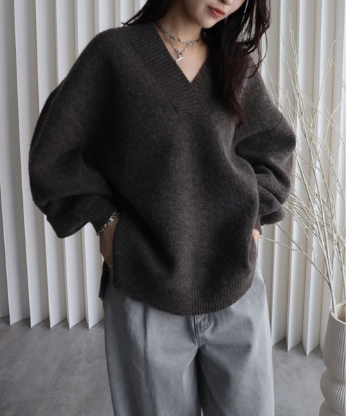 セール】【もっちりボリュームニット】/ディープVネックニットプル