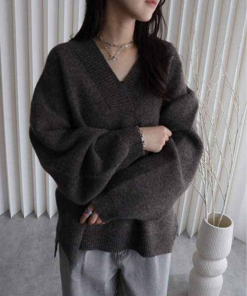 セール】【もっちりボリュームニット】/ディープVネックニットプル