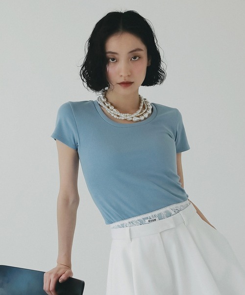 EIMY ISTOIRE（エイミーイストワール）の「リブTシャツ　半袖　夏　無地（Tシャツ/カットソー・レディース・ホワイト/サックスブルー/ピンク・F）」の3枚目の写真