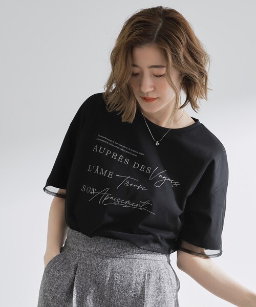 grove（グローブ）の「ラフだけどおしゃれ　チュールレイヤードTシャツ（Tシャツ/カットソー・レディース・ブラック/ホワイト系5/オフホワイト・02/03/01/05/04）」の3枚目の写真