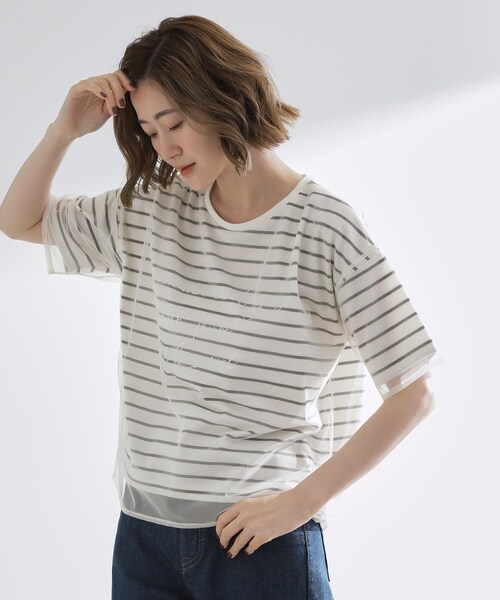 grove（グローブ）の「ラフだけどおしゃれ　チュールレイヤードTシャツ（Tシャツ/カットソー・レディース・ブラック/ホワイト系5/オフホワイト・02/03/01/05/04）」の12枚目の写真