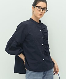 ノーリーズ　洗える麻混　パールボタンシャツ　ブラウス　ネイビー ノーリーズ リネン混シャツ パールボタン - メルカリ