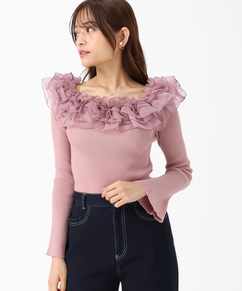 MISCH MASCH（ミッシュマッシュ）の「2025秋冬新作 2wayシアーフリルニット（ニット/セーター・レディース・ピンク/ホワイト/ブルー・ﾌﾘ-）」の4枚目の写真