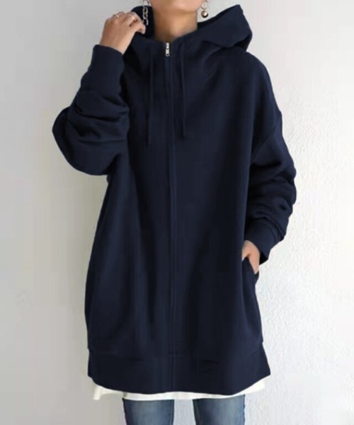 cammie(キャミー)の「ハイネックロング丈パーカー(パーカー・レディース・ベージュ/ネイビー/ブラック/グレー・M/L)」の4枚目の写真