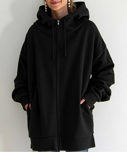 cammie(キャミー)の「ハイネックロング丈パーカー(パーカー・レディース・ベージュ/ネイビー/ブラック/グレー・M/L)」の10枚目の写真