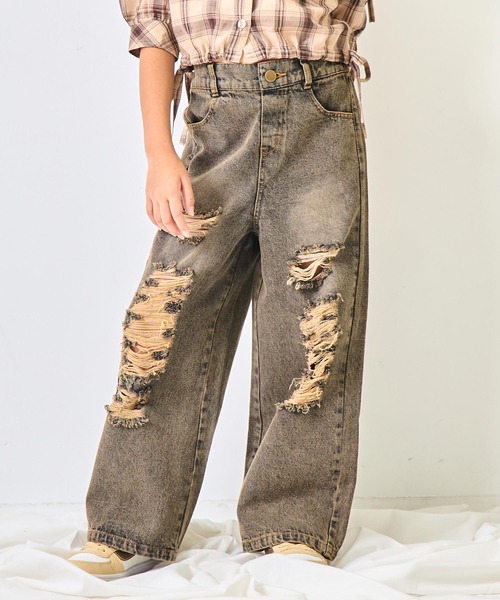 ANAP kids（アナップキッズ）の「ハート ポケット クラッシュ デニム ワイドパンツ【ジュニアお揃い】（デニムパンツ・キッズ・ブルー/ブラウン・130/120/110）」の2枚目の写真