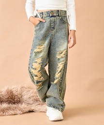 ハート ポケット クラッシュ デニム ワイドパンツ【ジュニアお揃い】