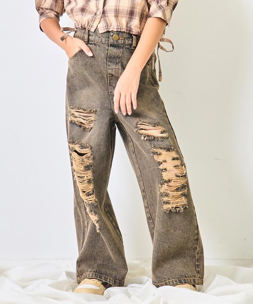 ANAP kids（アナップキッズ）の「ハート ポケット クラッシュ デニム ワイドパンツ【ジュニアお揃い】（デニムパンツ・キッズ・ブルー/ブラウン・130/120/110）」の3枚目の写真