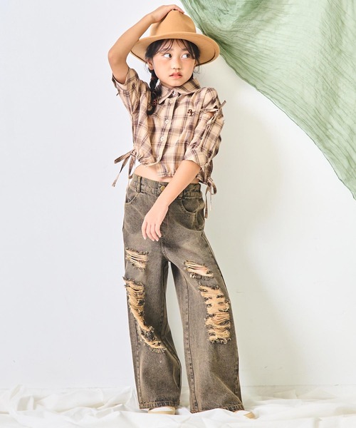 ANAP kids（アナップキッズ）の「ハート ポケット クラッシュ デニム ワイドパンツ【ジュニアお揃い】（デニムパンツ・キッズ・ブルー/ブラウン・130/120/110）」の7枚目の写真