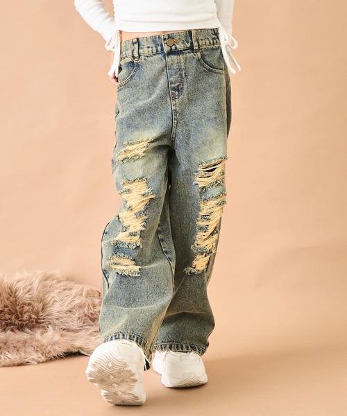 ANAP kids（アナップキッズ）の「ハート ポケット クラッシュ デニム ワイドパンツ【ジュニアお揃い】（デニムパンツ・キッズ・ブルー/ブラウン・130/120/110）」の10枚目の写真