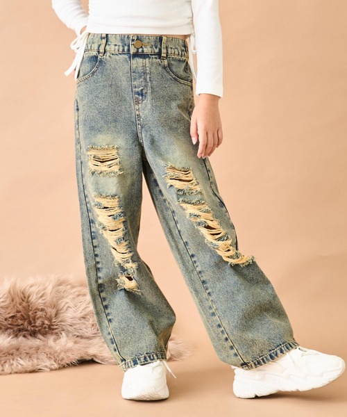 ANAP kids（アナップキッズ）の「ハート ポケット クラッシュ デニム ワイドパンツ【ジュニアお揃い】（デニムパンツ・キッズ・ブルー/ブラウン・130/120/110）」の9枚目の写真