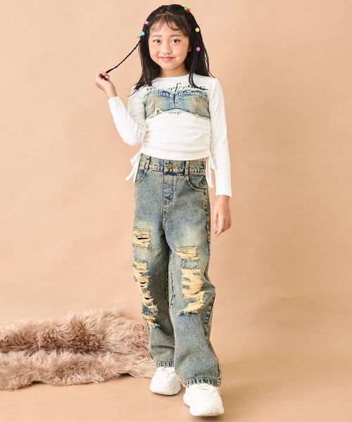 ANAP kids（アナップキッズ）の「ハート ポケット クラッシュ デニム ワイドパンツ【ジュニアお揃い】（デニムパンツ・キッズ・ブルー/ブラウン・130/120/110）」の11枚目の写真