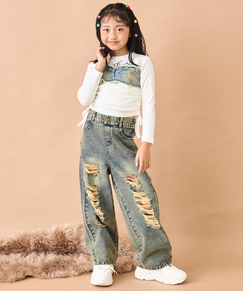 ANAP kids（アナップキッズ）の「ハート ポケット クラッシュ デニム ワイドパンツ【ジュニアお揃い】（デニムパンツ・キッズ・ブルー/ブラウン・130/120/110）」の12枚目の写真