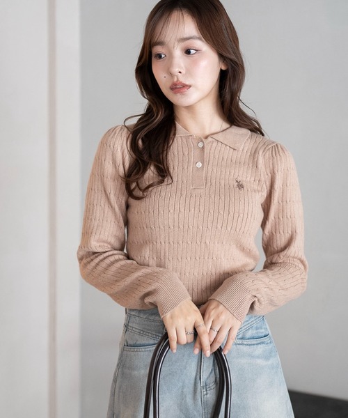 U.S. POLO ASSN.（ユーエスポロアッスン）の「∴WEGO/USPOLO別注ケーブルニットポロ（ニット/セーター・レディース・グレー/アイボリー/ネイビー/ベージュ・FREE）」の4枚目の写真