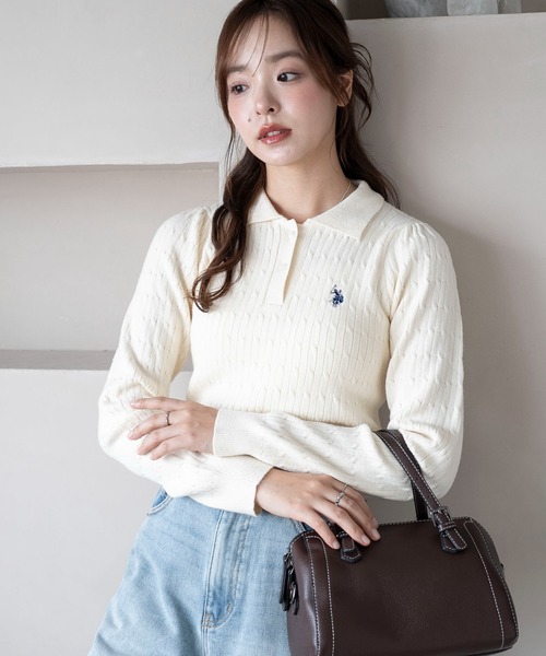 U.S. POLO ASSN.（ユーエスポロアッスン）の「∴WEGO/USPOLO別注ケーブルニットポロ（ニット/セーター・レディース・グレー/アイボリー/ネイビー/ベージュ・FREE）」の2枚目の写真