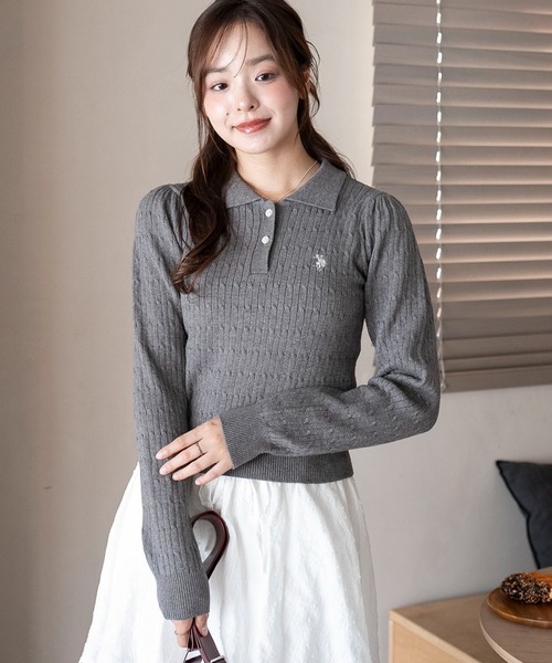 U.S. POLO ASSN.（ユーエスポロアッスン）の「∴WEGO/USPOLO別注ケーブルニットポロ（ニット/セーター・レディース・グレー/アイボリー/ネイビー/ベージュ・FREE）」の22枚目の写真