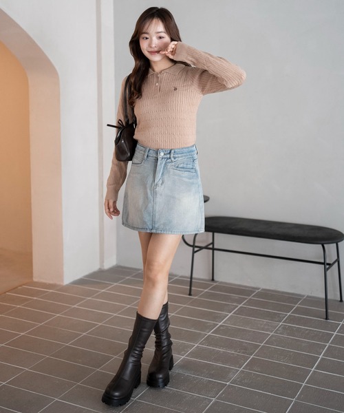 U.S. POLO ASSN.（ユーエスポロアッスン）の「∴WEGO/USPOLO別注ケーブルニットポロ（ニット/セーター・レディース・グレー/アイボリー/ネイビー/ベージュ・FREE）」の8枚目の写真