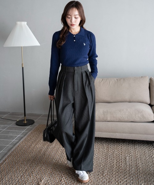 U.S. POLO ASSN.（ユーエスポロアッスン）の「∴WEGO/USPOLO別注ケーブルニットポロ（ニット/セーター・レディース・グレー/アイボリー/ネイビー/ベージュ・FREE）」の9枚目の写真