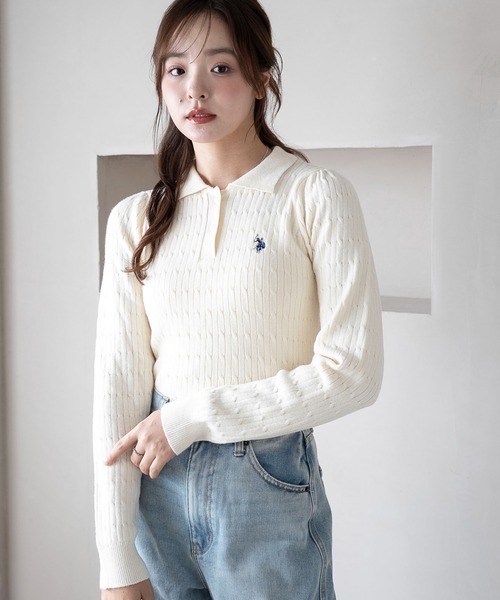 U.S. POLO ASSN.（ユーエスポロアッスン）の「∴WEGO/USPOLO別注ケーブルニットポロ（ニット/セーター・レディース・グレー/アイボリー/ネイビー/ベージュ・FREE）」の13枚目の写真