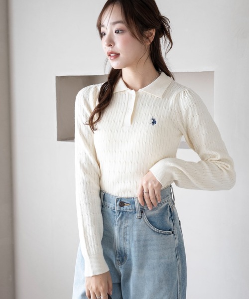 U.S. POLO ASSN.（ユーエスポロアッスン）の「∴WEGO/USPOLO別注ケーブルニットポロ（ニット/セーター・レディース・グレー/アイボリー/ネイビー/ベージュ・FREE）」の14枚目の写真