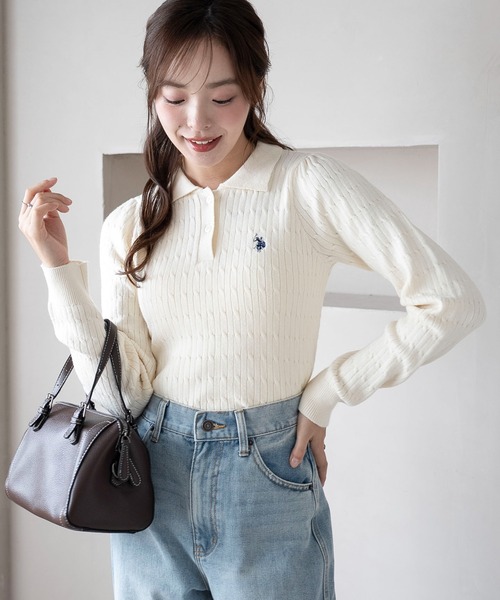 U.S. POLO ASSN.（ユーエスポロアッスン）の「∴WEGO/USPOLO別注ケーブルニットポロ（ニット/セーター・レディース・グレー/アイボリー/ネイビー/ベージュ・FREE）」の15枚目の写真