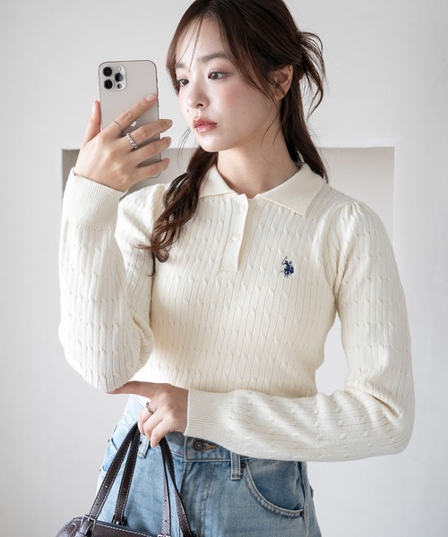 U.S. POLO ASSN.（ユーエスポロアッスン）の「∴WEGO/USPOLO別注ケーブルニットポロ（ニット/セーター・レディース・グレー/アイボリー/ネイビー/ベージュ・FREE）」の16枚目の写真