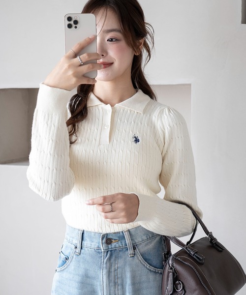 U.S. POLO ASSN.（ユーエスポロアッスン）の「∴WEGO/USPOLO別注ケーブルニットポロ（ニット/セーター・レディース・グレー/アイボリー/ネイビー/ベージュ・FREE）」の17枚目の写真
