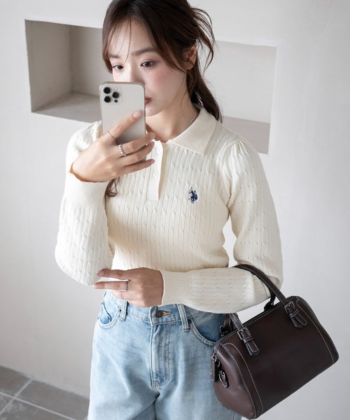 U.S. POLO ASSN.（ユーエスポロアッスン）の「∴WEGO/USPOLO別注ケーブルニットポロ（ニット/セーター・レディース・グレー/アイボリー/ネイビー/ベージュ・FREE）」の18枚目の写真