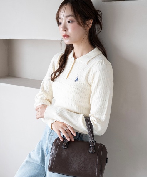 U.S. POLO ASSN.（ユーエスポロアッスン）の「∴WEGO/USPOLO別注ケーブルニットポロ（ニット/セーター・レディース・グレー/アイボリー/ネイビー/ベージュ・FREE）」の19枚目の写真