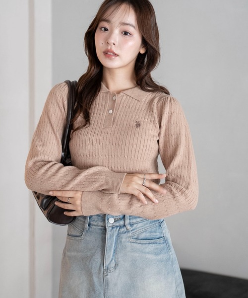 U.S. POLO ASSN.（ユーエスポロアッスン）の「∴WEGO/USPOLO別注ケーブルニットポロ（ニット/セーター・レディース・グレー/アイボリー/ネイビー/ベージュ・FREE）」の5枚目の写真