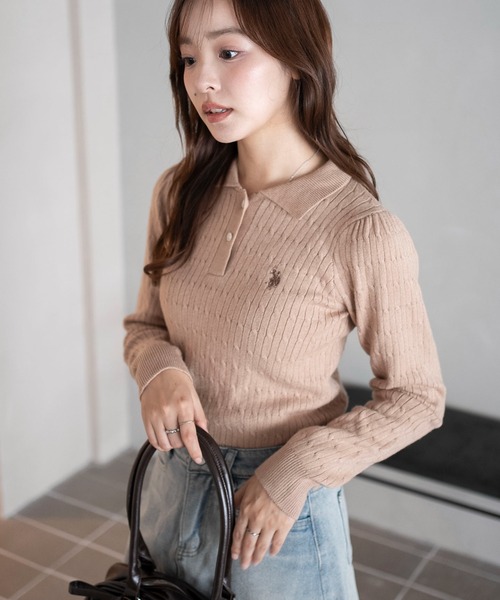U.S. POLO ASSN.（ユーエスポロアッスン）の「∴WEGO/USPOLO別注ケーブルニットポロ（ニット/セーター・レディース・グレー/アイボリー/ネイビー/ベージュ・FREE）」の6枚目の写真