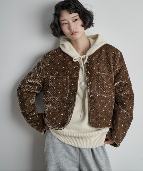 セール】ビジューベロアジャケット（ノーカラージャケット）｜THE YOn