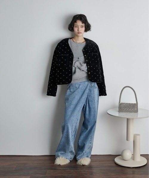 ビジューベロアジャケット（ノーカラージャケット）｜THE YOn（ザヨン