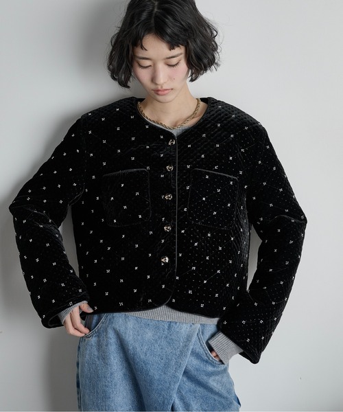 BPN ベロア　ショートジャケット セール】ビジューベロアジャケット（ノーカラージャケット）｜THE YOn