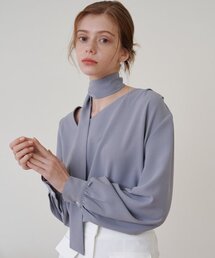 アンバランス タック スカーフ ブラウス アッシュブルー [T41]