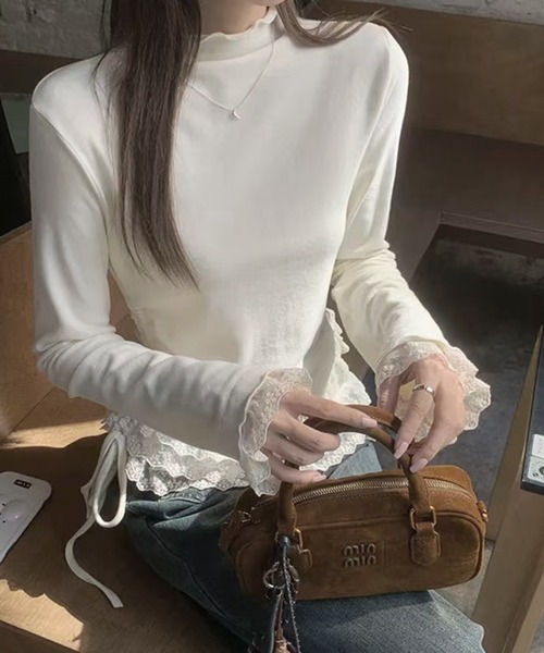 Chiina(チーナ)の「Chiina/レースフリルレイヤード 長袖トップス(Tシャツ/カットソー・レディース・ブラック/ホワイト・FREE)」の4枚目の写真