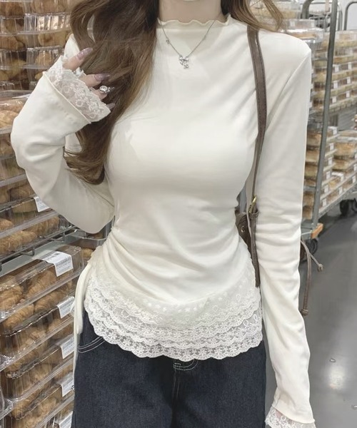 Chiina(チーナ)の「Chiina/レースフリルレイヤード 長袖トップス(Tシャツ/カットソー・レディース・ブラック/ホワイト・FREE)」の5枚目の写真