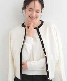 【洗濯機可/アンサンブル可】パール×ビジューがきらめく 上品クルーネックカーディガン