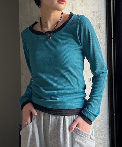 PAGEBOY(ページボーイ)の「フェイクレイヤードカットロングスリーブ/レイヤードトップス(Tシャツ/カットソー・レディース・ブラック/グレー/オフホワイト/ブルーグリーン・FREE)」の4枚目の写真