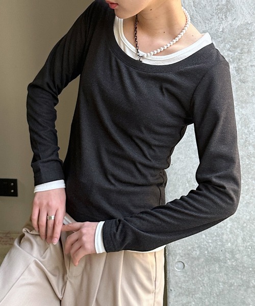 PAGEBOY(ページボーイ)の「フェイクレイヤードカットロングスリーブ/レイヤードトップス(Tシャツ/カットソー・レディース・ブラック/グレー/オフホワイト/ブルーグリーン・FREE)」の3枚目の写真