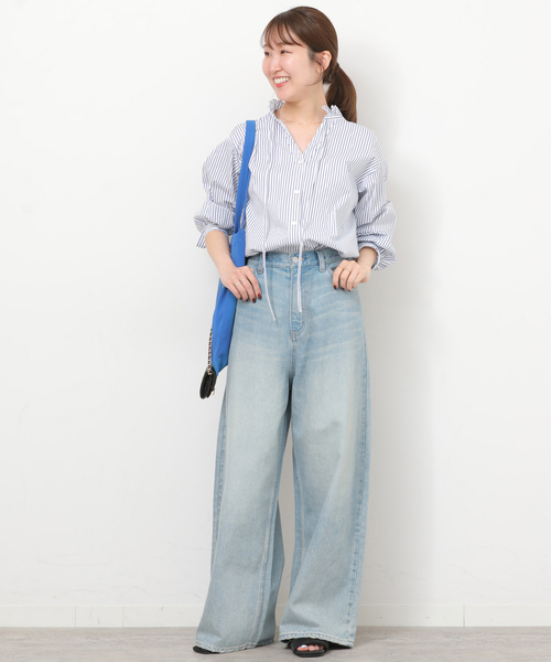 JOURNAL STANDARD relume（ジャーナルスタンダード　レリューム）の「ハイカウントストライプスタンドカラー2way（シャツ/ブラウス・レディース・ホワイト系その他/サックスブルー・FREE）」の3枚目の写真